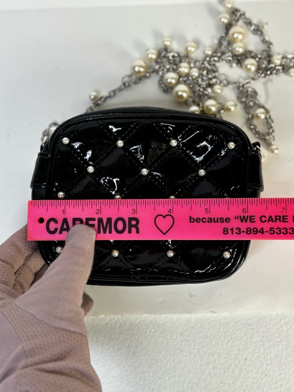 WHBM Black Patent Quilted Pearl Mini Crossbody Bag Chain Strap - Picture 9 of 10